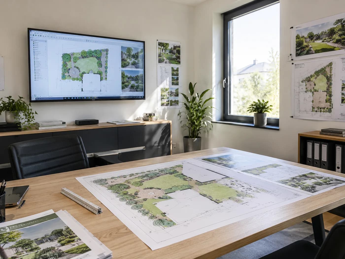 Arbeitsplatz mit Gartenzeichnung und Bildschirm zur Gartenplanung